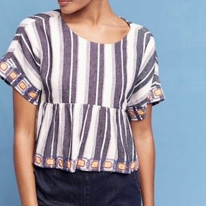 Anthropologie Linen Striped Cropped Top Open Back